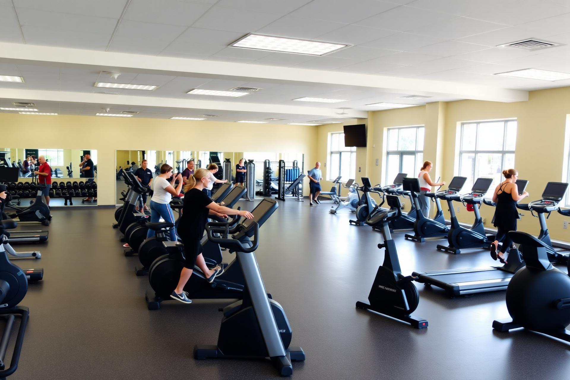 Bright, welcoming gym floor with cardio machines and members training at The Fitness Bank in South Wigston